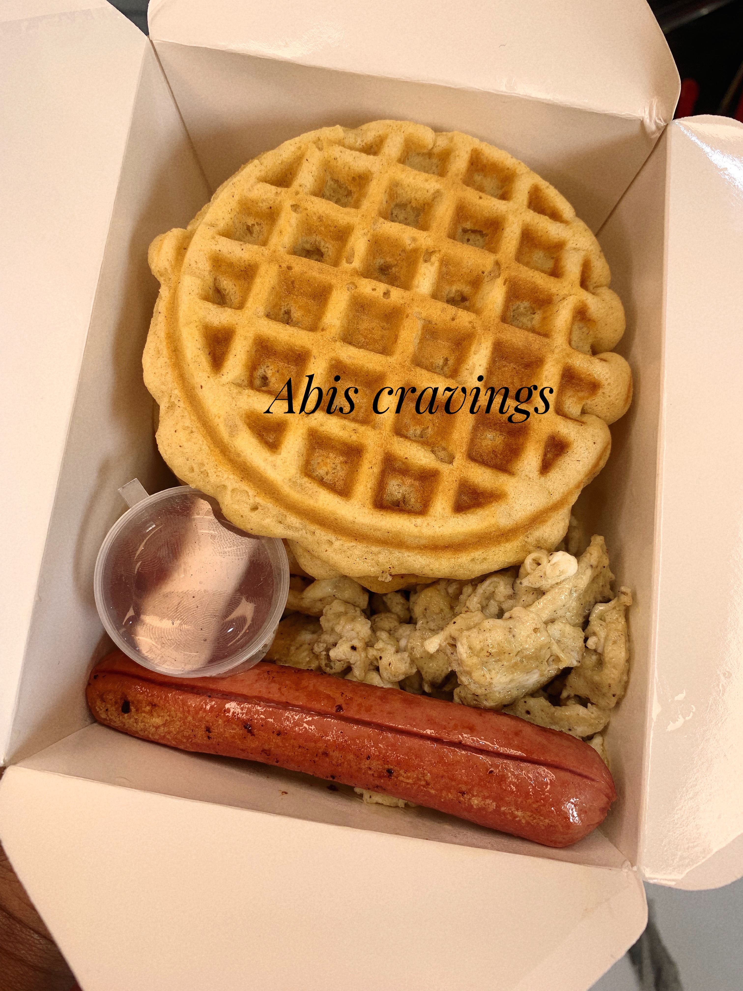 Waffles, sausage and scrambled eggs
