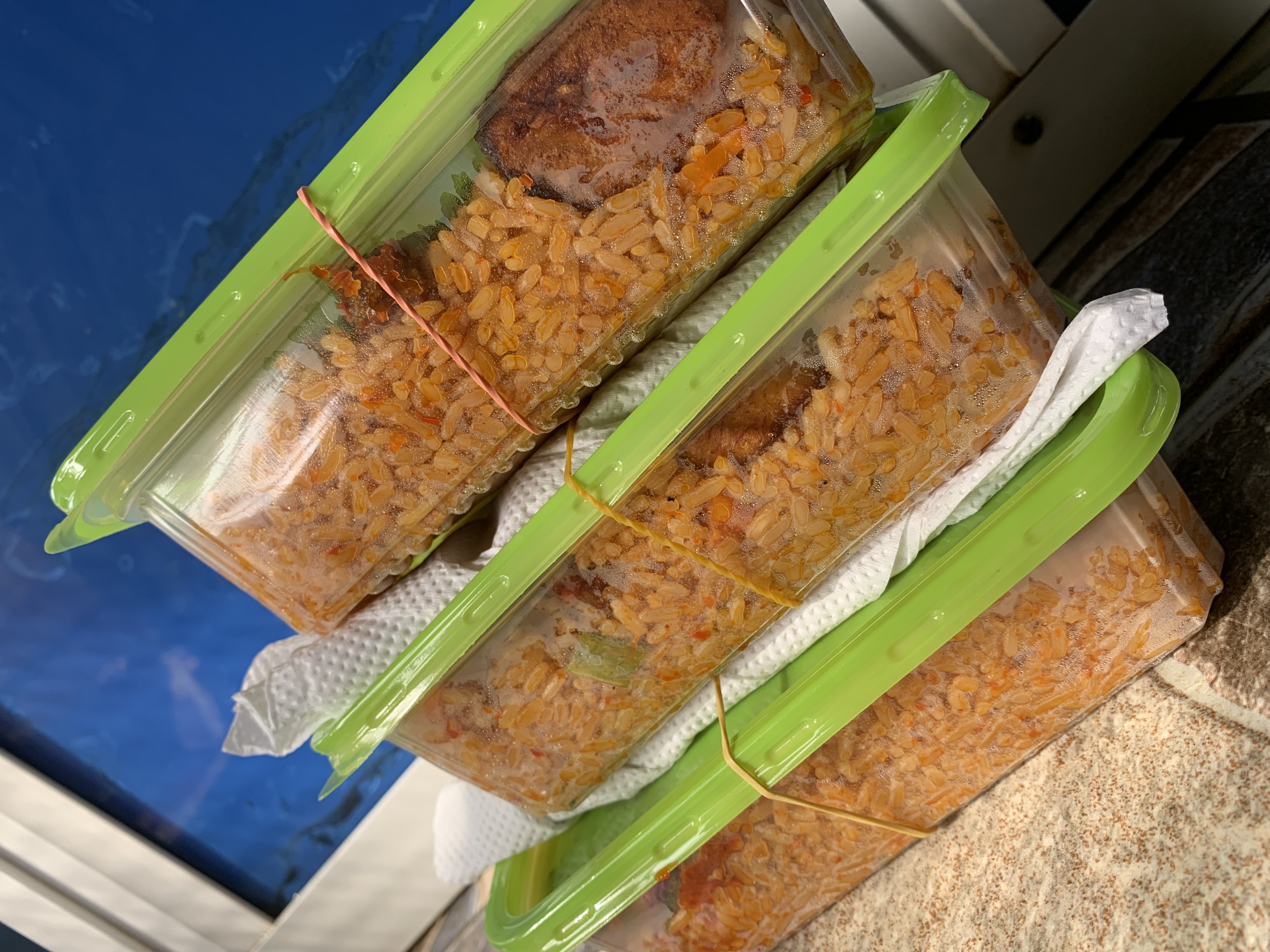 rice chicken plantain and bottle water 