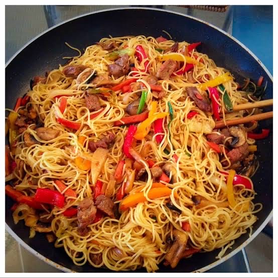 stir fry beef/chicken spaghetti