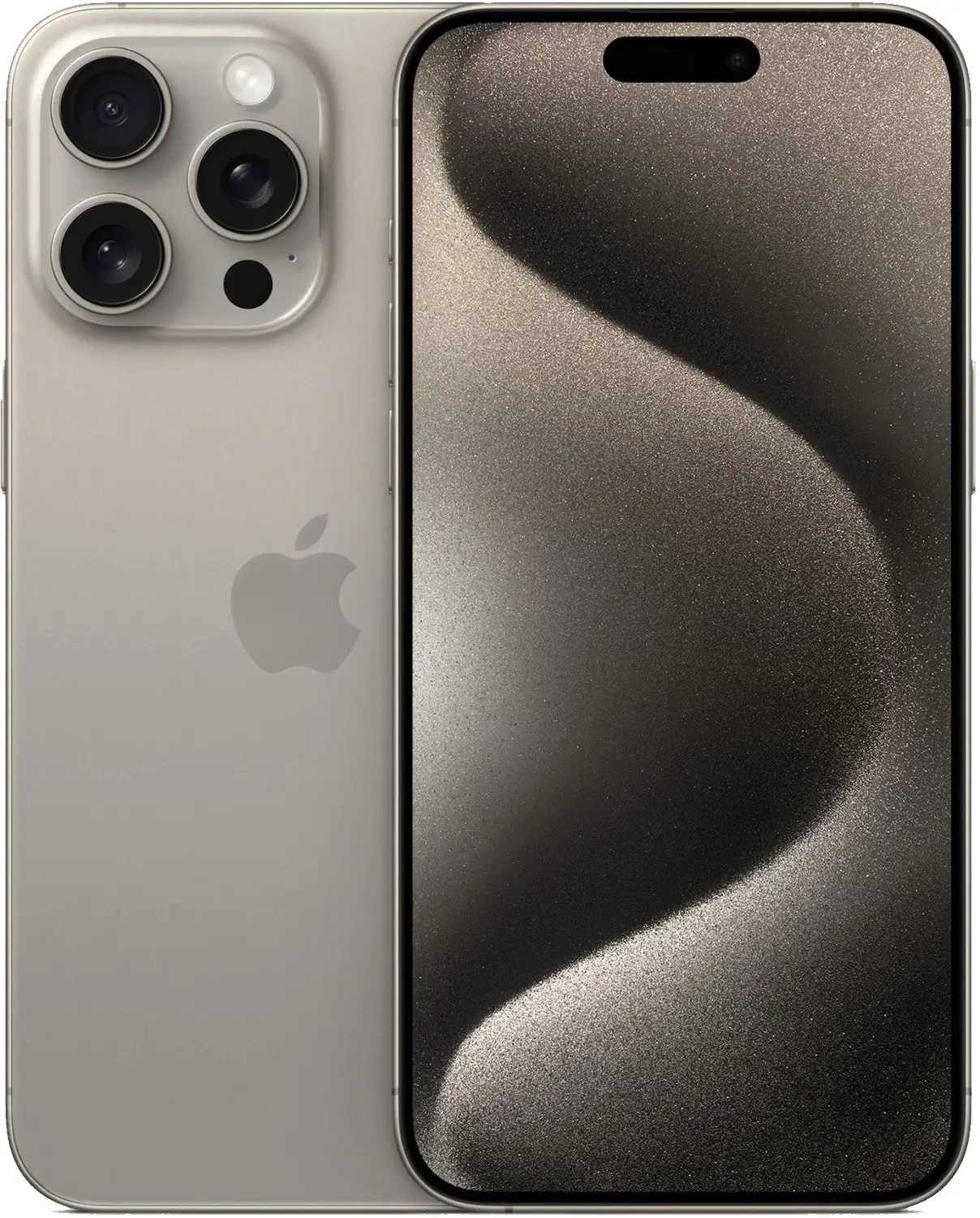 iPhone 15 Pro Max in Natural Titanium, back and front